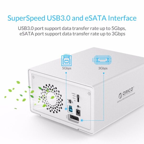 ORICO 3.5 2bay HDD Case box 16 TB Aluminum SATA2.0 USB 3.0 & eSATA HDD External Docking Station box RAID Function HDD Enclosure - Image 6