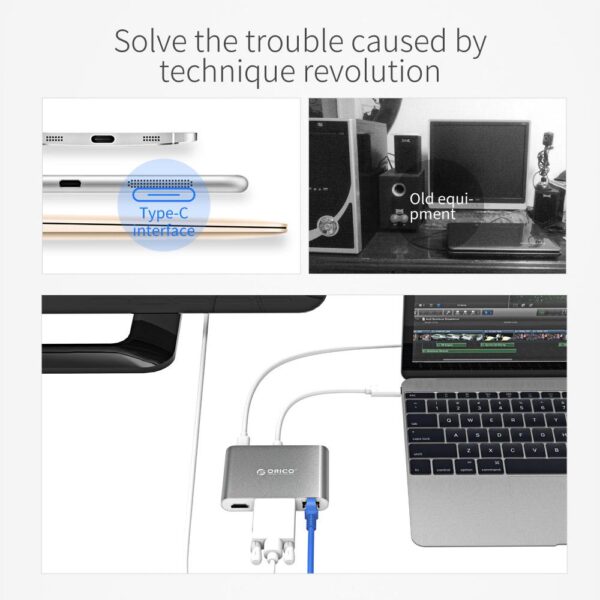 ORICO Aluminum Type-C to VGA/HDMI/RJ45/Type-C/Type-A Converter USB3.1 Gen1 with 2 USB3.0 Ports for Mac(RCNB) - Image 2