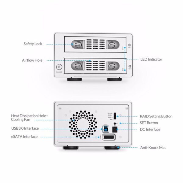 ORICO 3.5 2bay HDD Case box 16 TB Aluminum SATA2.0 USB 3.0 & eSATA HDD External Docking Station box RAID Function HDD Enclosure - Image 5