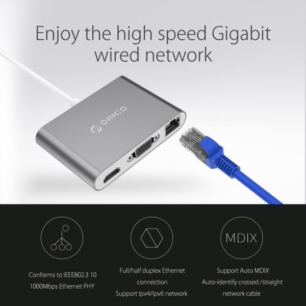 ORICO Aluminum Type-C to VGA/HDMI/RJ45/Type-C/Type-A Converter USB3.1 Gen1 with 2 USB3.0 Ports for Mac(RCNB) - Image 3