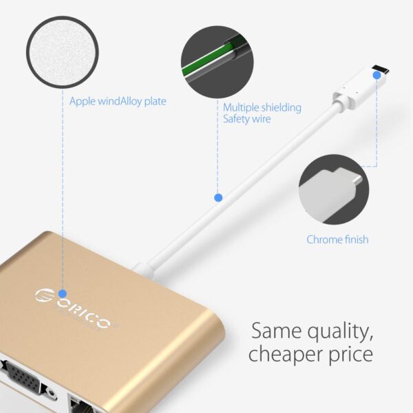 ORICO Aluminum Type-C to VGA/HDMI/RJ45/Type-C/Type-A Converter USB3.1 Gen1 with 2 USB3.0 Ports for Mac(RCNB) - Image 6